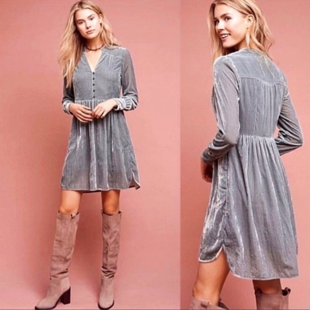 Holding Horses Anthropologie Grey  Velvet Shirt Dress size S